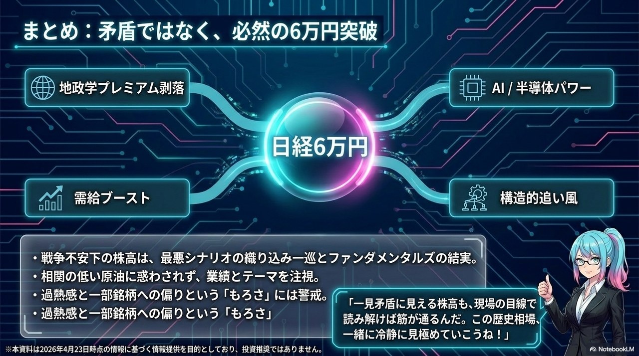 まとめ：矛盾ではなく必然の6万円突破 ― 地政学プレミアム剥落 × AI/半導体 × 需給ブースト × 構造的追い風