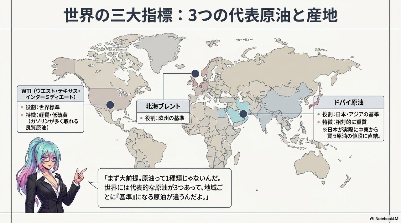 スライド①：世界の三大指標(WTI/北海ブレント/ドバイ原油)と産地マップ