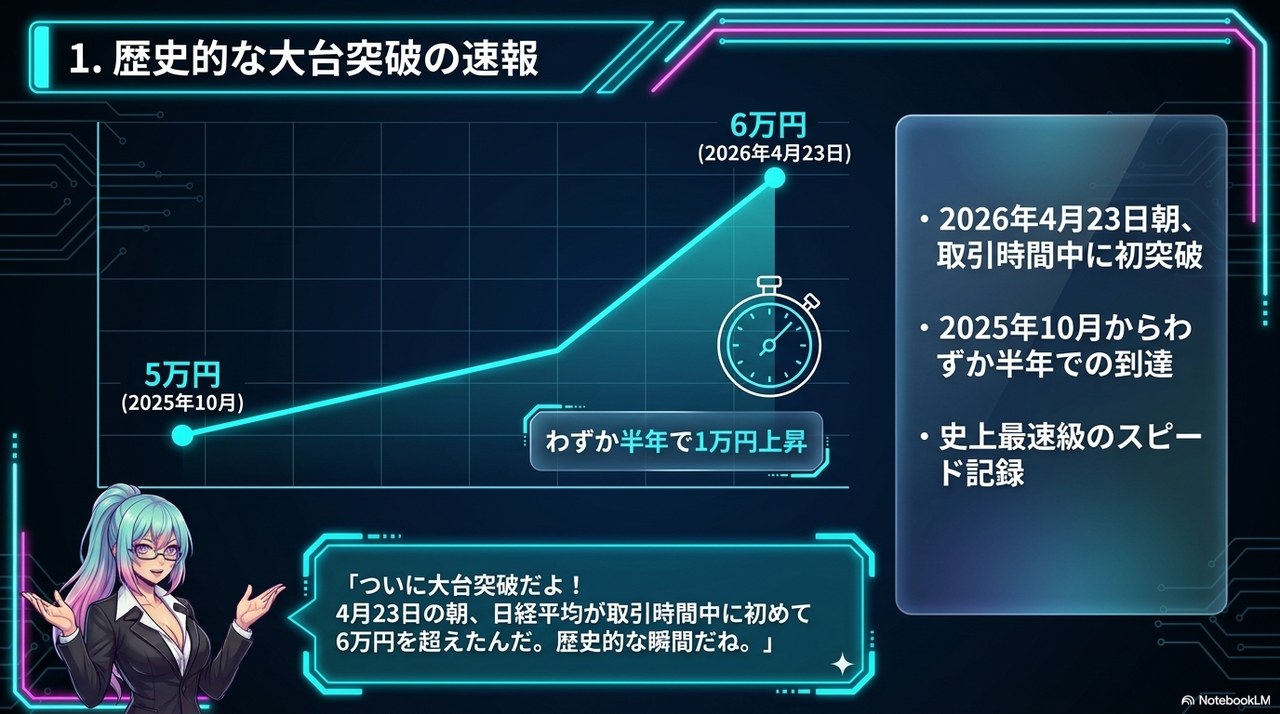 スライド①：歴史的な大台突破の速報 ― 5万円(2025年10月)から6万円(2026年4月23日)まで半年で達成