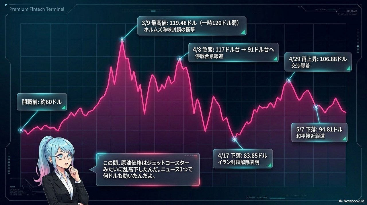 スライド②：WTI原油価格の推移(60ドル→119.48ドル→停戦合意で急落→再上昇)