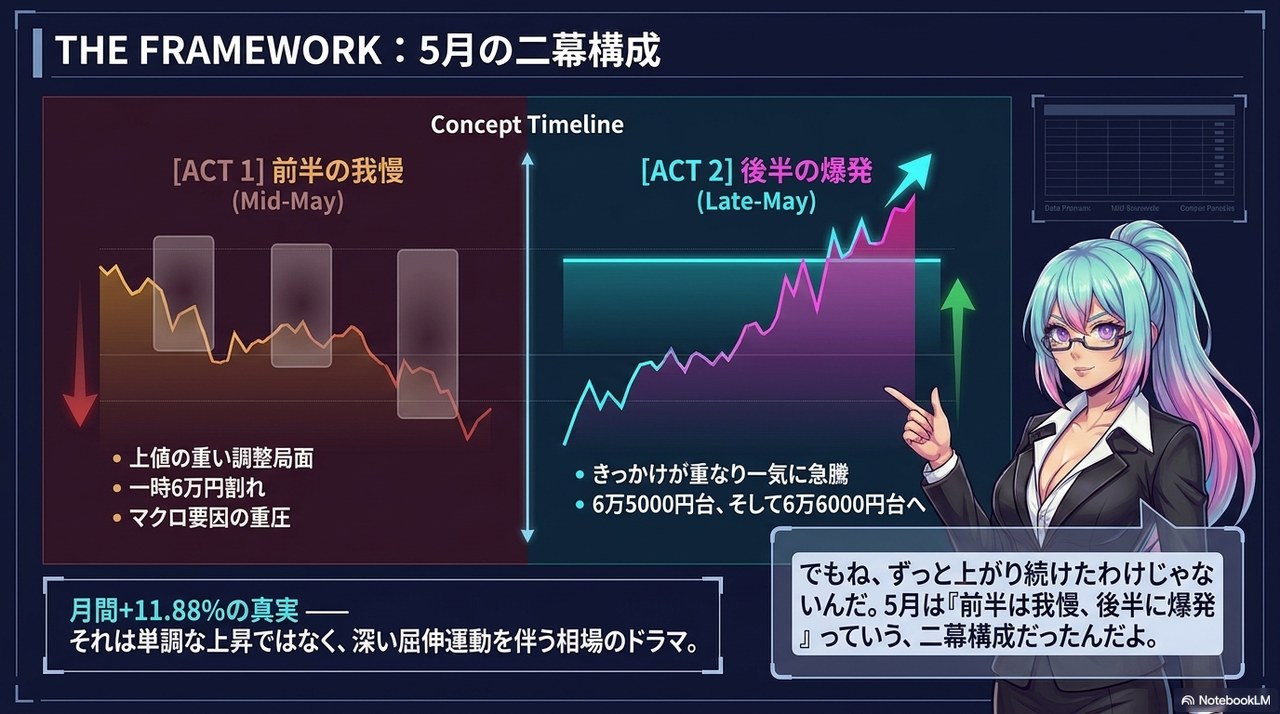 スライド②：THE FRAMEWORK ― 5月の二幕構成(ACT1:前半の我慢/ACT2:後半の爆発)