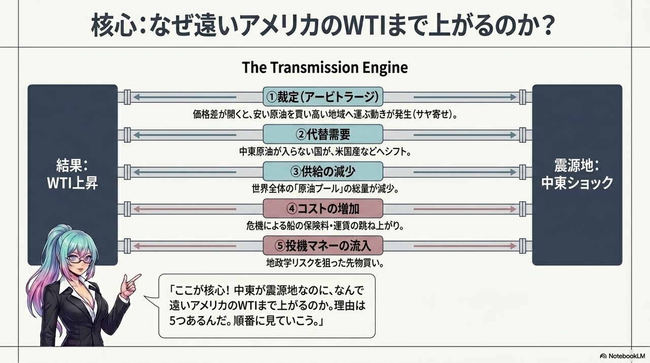 スライド③：中東封鎖が遠いWTIまで押し上げる5つの経路(裁定/代替需要/供給減/コスト増/投機マネー)