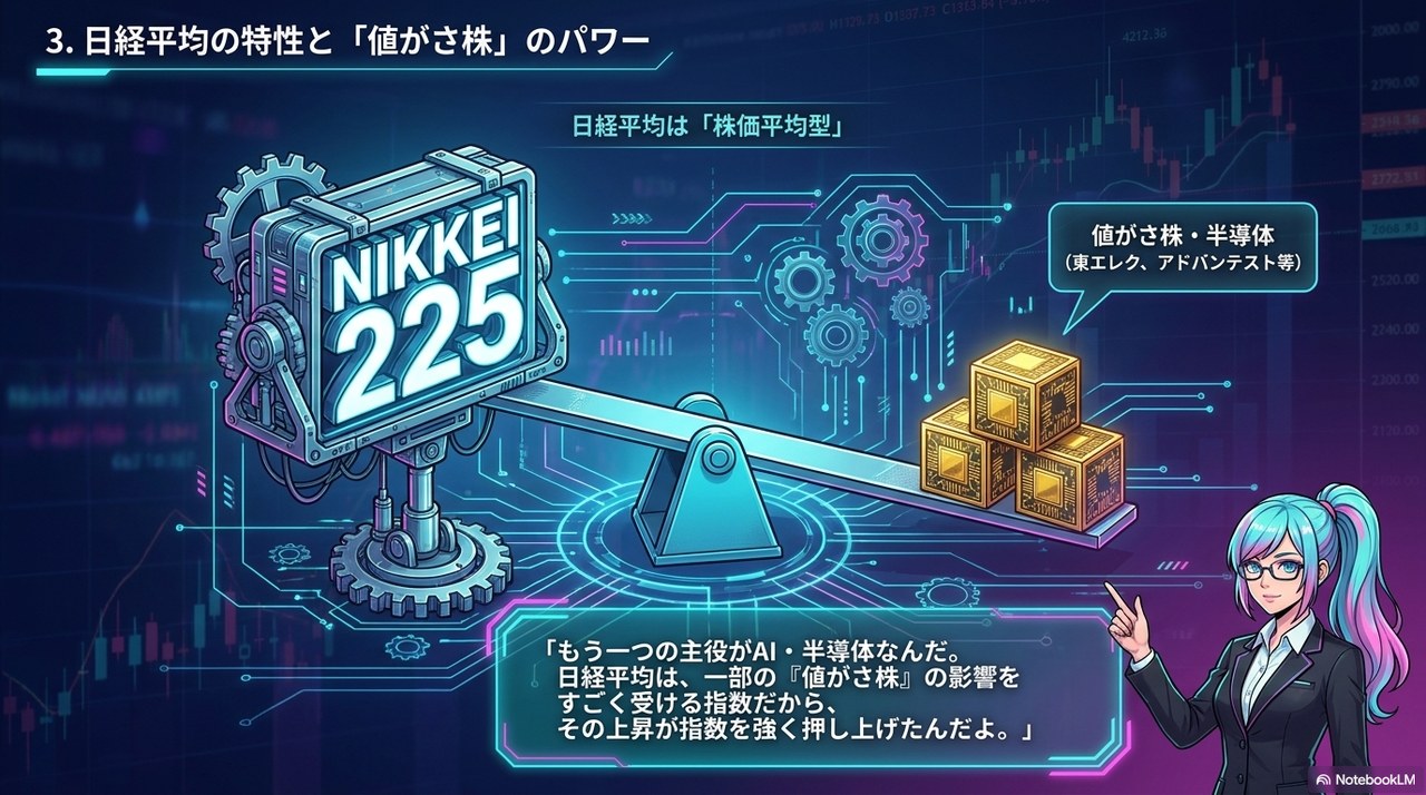 スライド③：日経平均(株価平均型)の特性と、東エレク・アドバンテストなど「値がさ株」のパワー