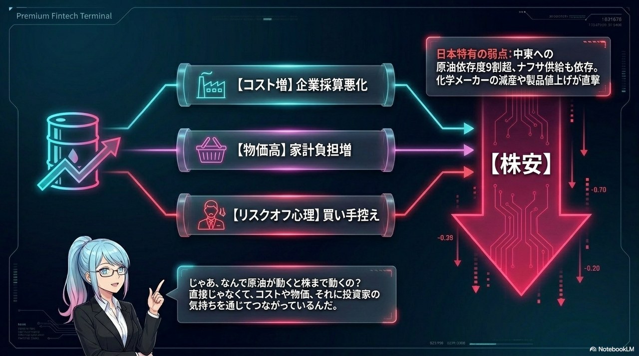 スライド③：原油高 → コスト増・物価高・リスクオフ → 株安、という連動経路