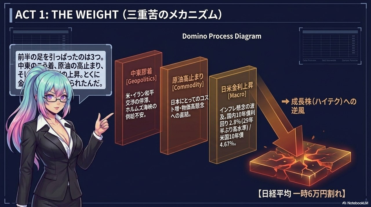 スライド③：ACT 1 THE WEIGHT ― 前半の三重苦(中東膠着・原油高止まり・日米長期金利上昇)