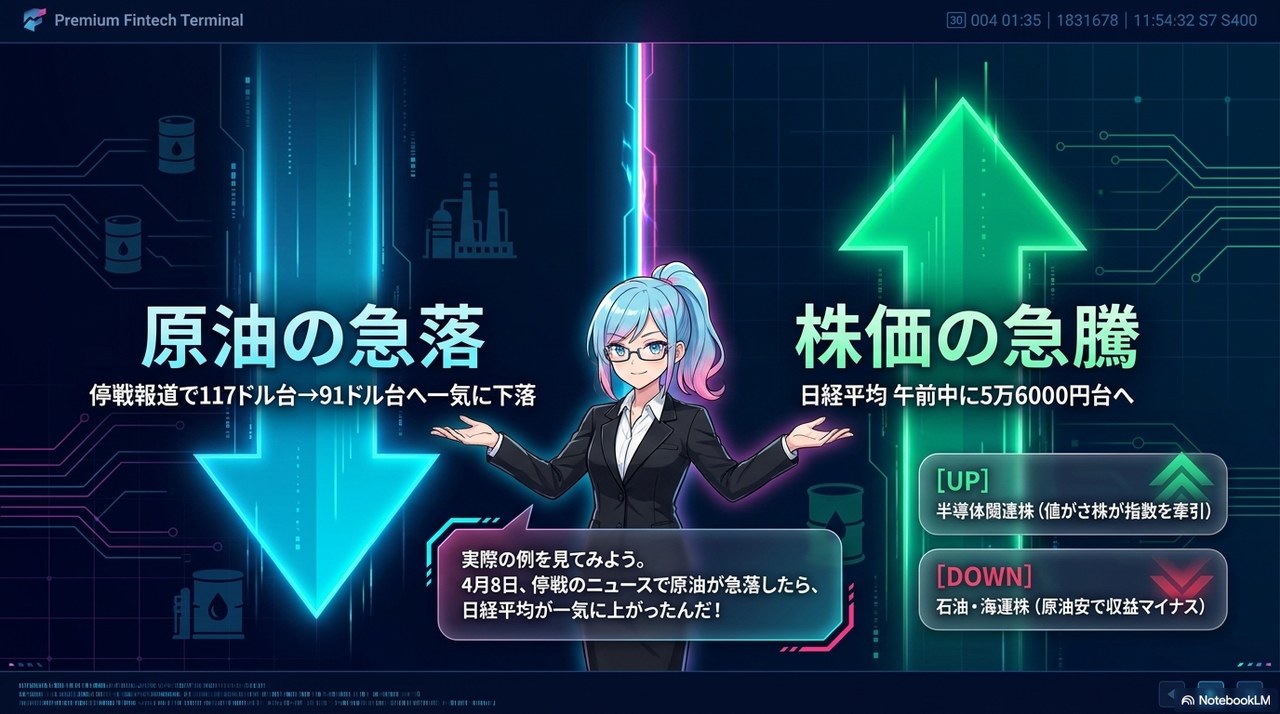 スライド④：4月8日の停戦報道 → 原油急落 → 日経5万6000円台への急騰