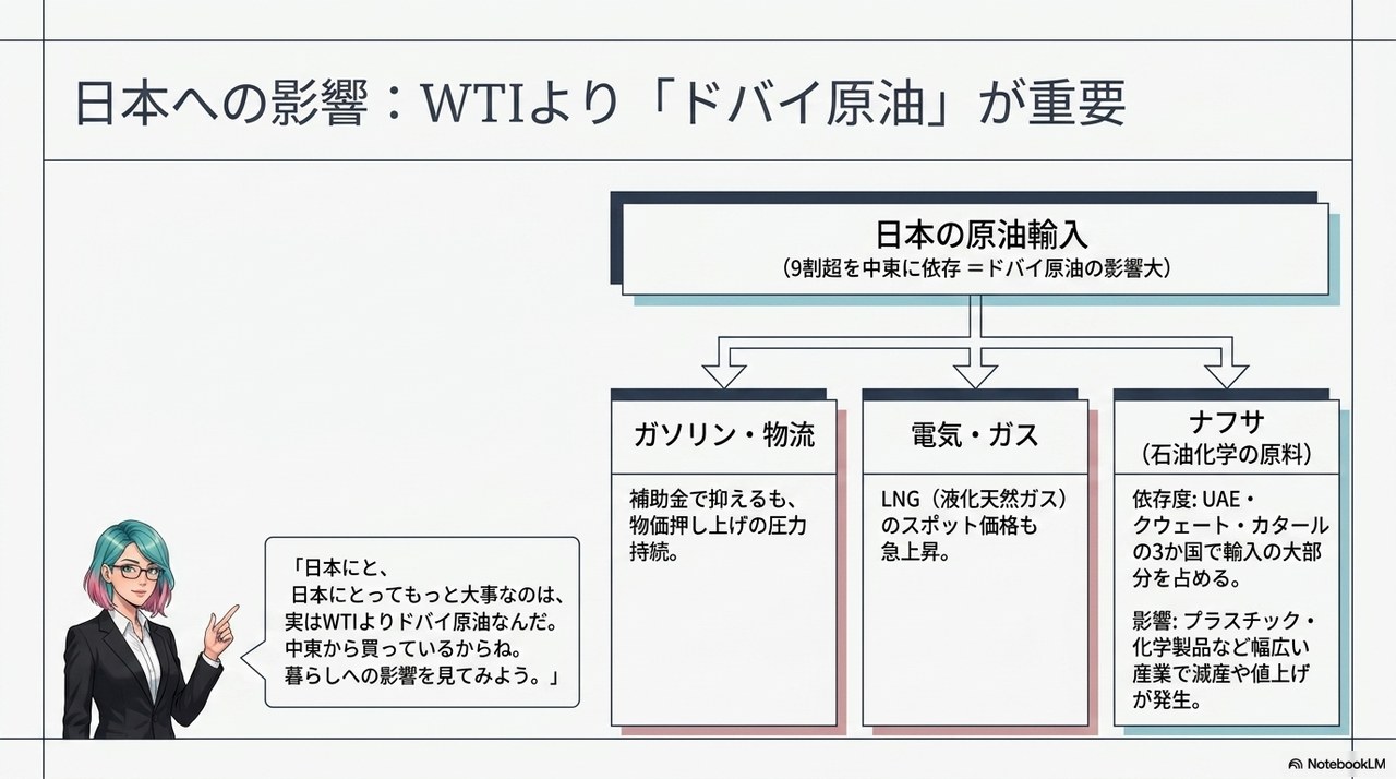スライド⑤：日本への影響はドバイ原油経由 ― ガソリン・電気・ナフサ・物価への波及