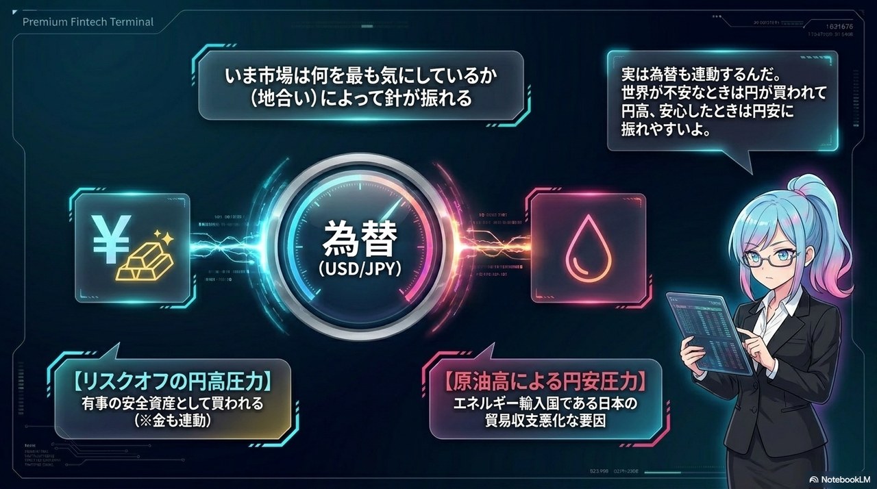 スライド⑤：リスクオフの円高圧力と、原油高による円安圧力の綱引き(為替)