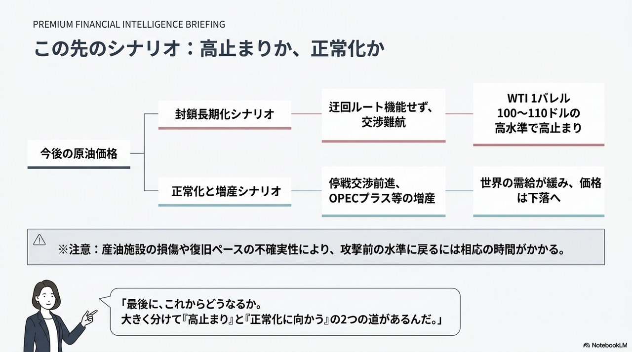 スライド⑥：この先のシナリオ ― 封鎖長期化なら高止まり、正常化と増産で下落