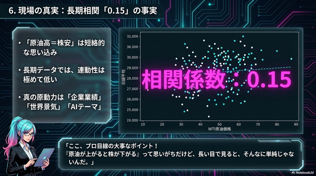 スライド⑥：現場の真実 ― WTI原油と日経平均の長期相関はわずか0.15、「原油高=株安」は当てはまらない