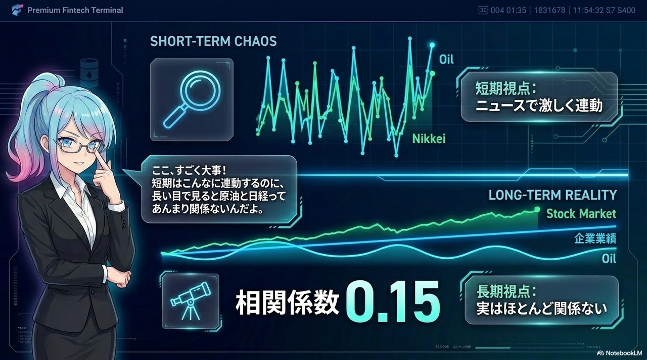 スライド⑥：短期は連動しても、長期では原油と日経の相関係数は約0.15