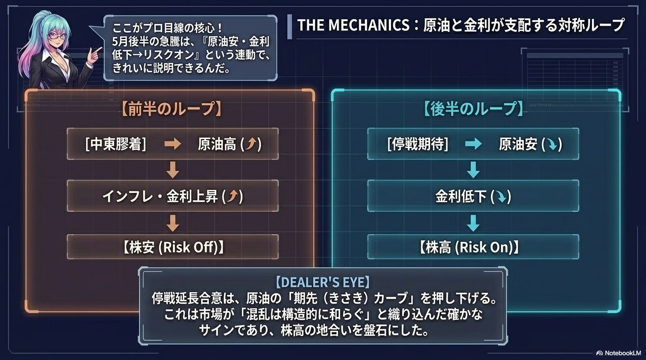 スライド⑥：THE MECHANICS ― 原油と金利が支配する対称ループ(前半:中東膠着→原油高→金利上昇→株安 ／ 後半:停戦期待→原油安→金利低下→株高)
