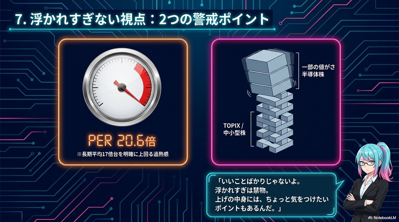 スライド⑦：浮かれすぎない視点 ― PER 20.6倍の過熱感と、TOPIX/中小型の出遅れという銘柄集中リスク