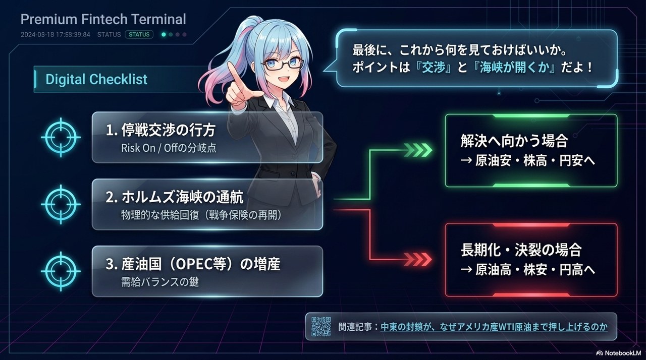 スライド⑦：これから見るべき焦点 ― 停戦交渉・ホルムズ通航・産油国の増産