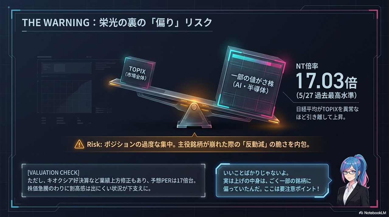 スライド⑦：THE WARNING ― 栄光の裏の「偏り」リスク(NT倍率17.03倍・過去最高水準、AI・半導体への集中)