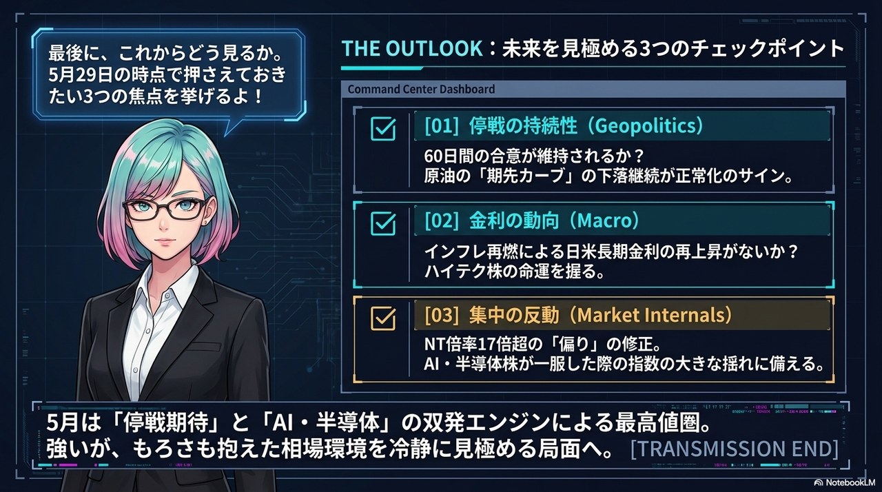 スライド⑧：THE OUTLOOK ― 未来を見極める3つのチェックポイント(停戦の持続性/金利の動向/集中の反動)