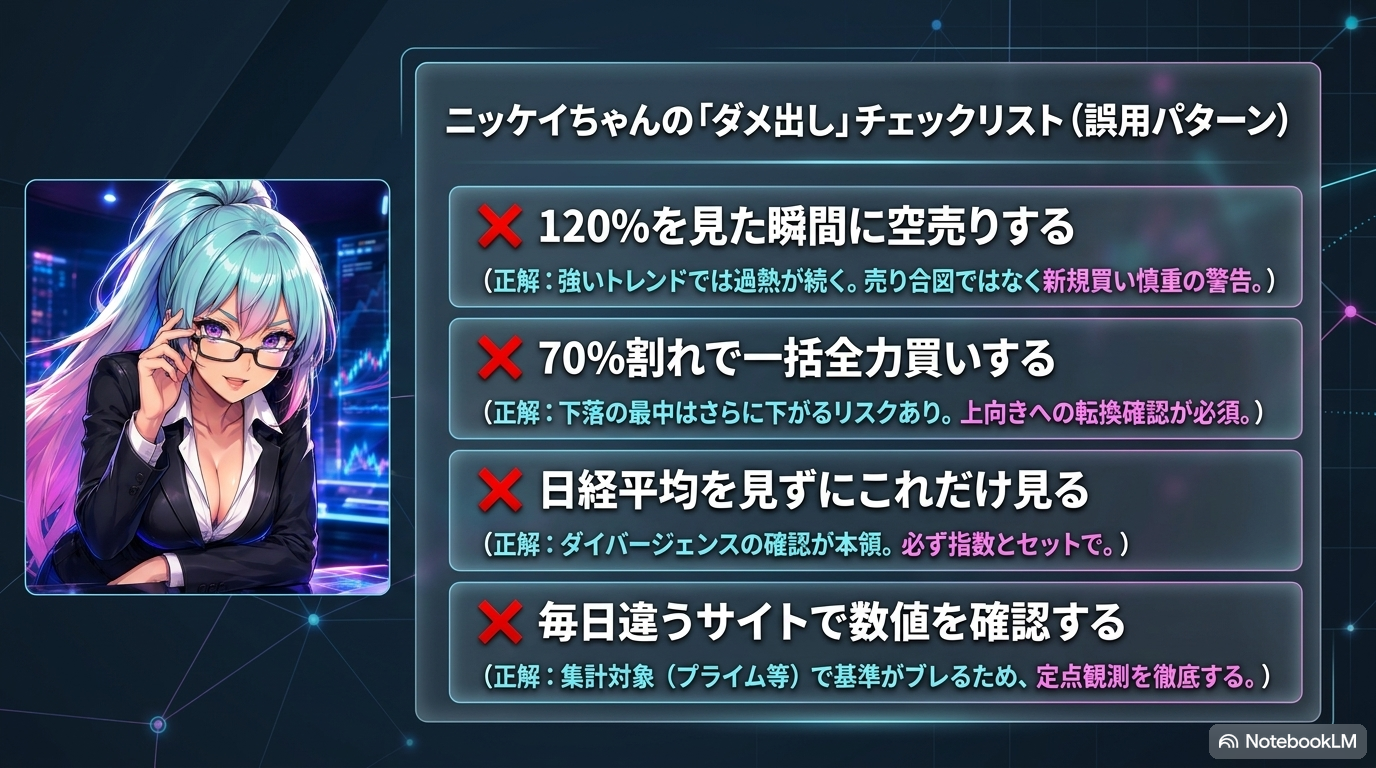 ニッケイちゃんの「ダメ出し」チェックリスト — 騰落レシオの誤用パターン