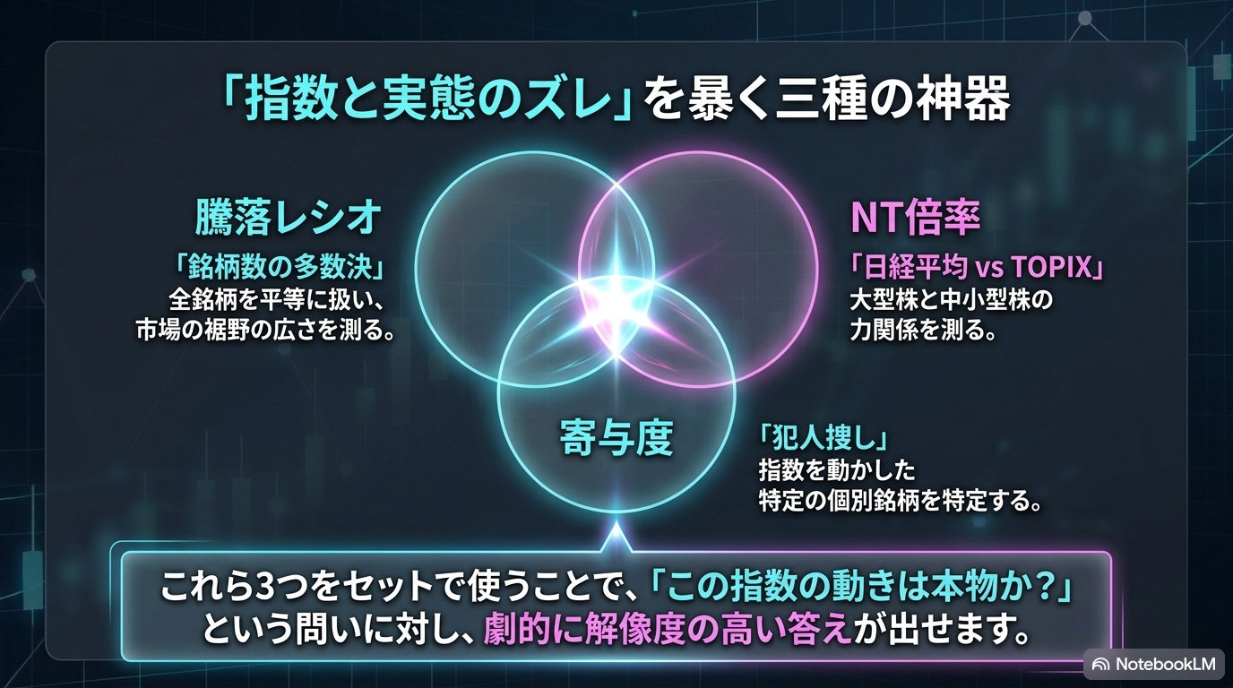「指数と実態のズレ」を暴く三種の神器 — 騰落レシオ・NT倍率・寄与度