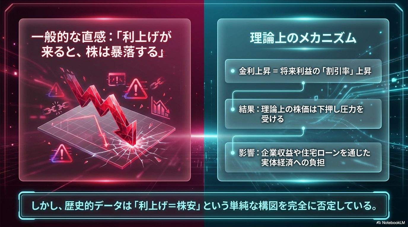 理論上のメカニズム ― 金利上昇は将来利益の「割引率」上昇。だが歴史的データは単純な構図を否定する