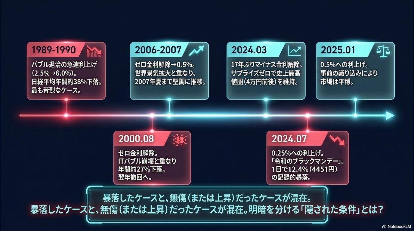 過去の利上げ局面タイムライン ― 1989-90／2000.08／2006-07／2024.03／2024.07／2025.01で明暗が混在