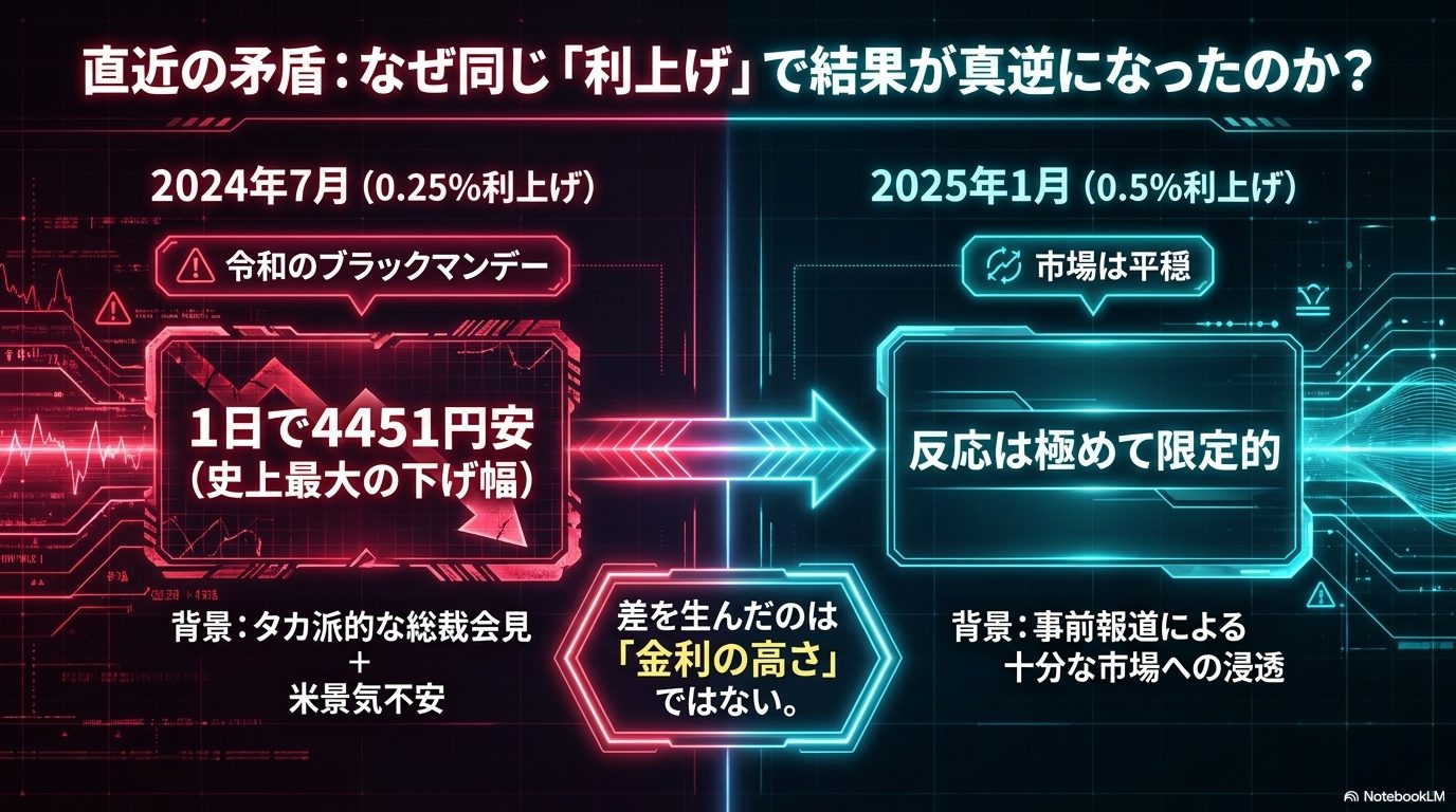 同じ利上げで真逆の結果 ― 2024年7月は1日4451円安、2025年1月は平穏。差を生んだのは金利の高さではない