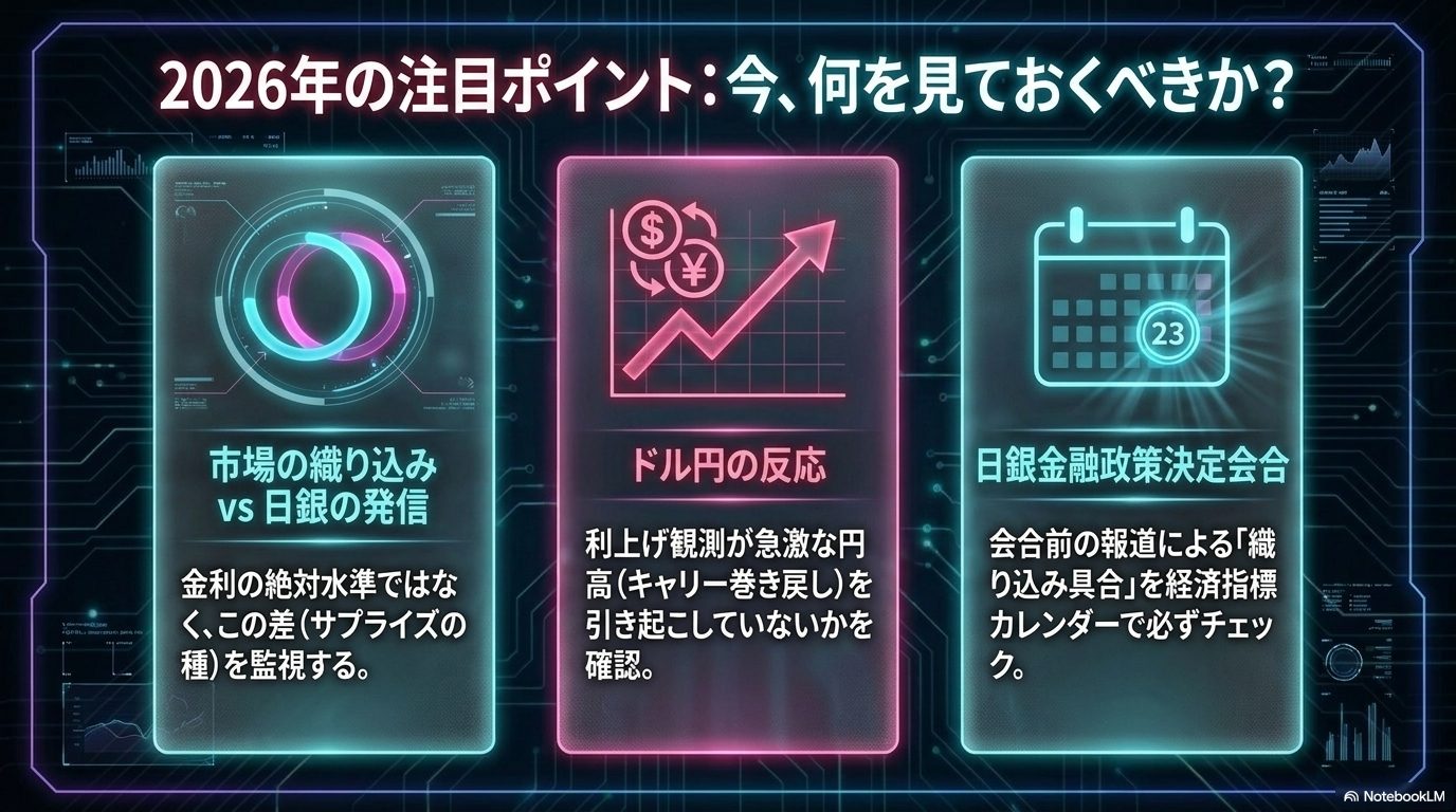 2026年の注目ポイント ― 市場の織り込みvs日銀の発信・ドル円の反応・日銀金融政策決定会合の日程