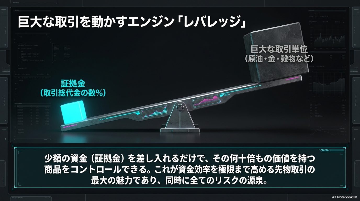 巨大な取引を動かすエンジン「レバレッジ」― 少額の証拠金で何十倍もの価値をコントロール。資金効率の魅力であり、全リスクの源泉