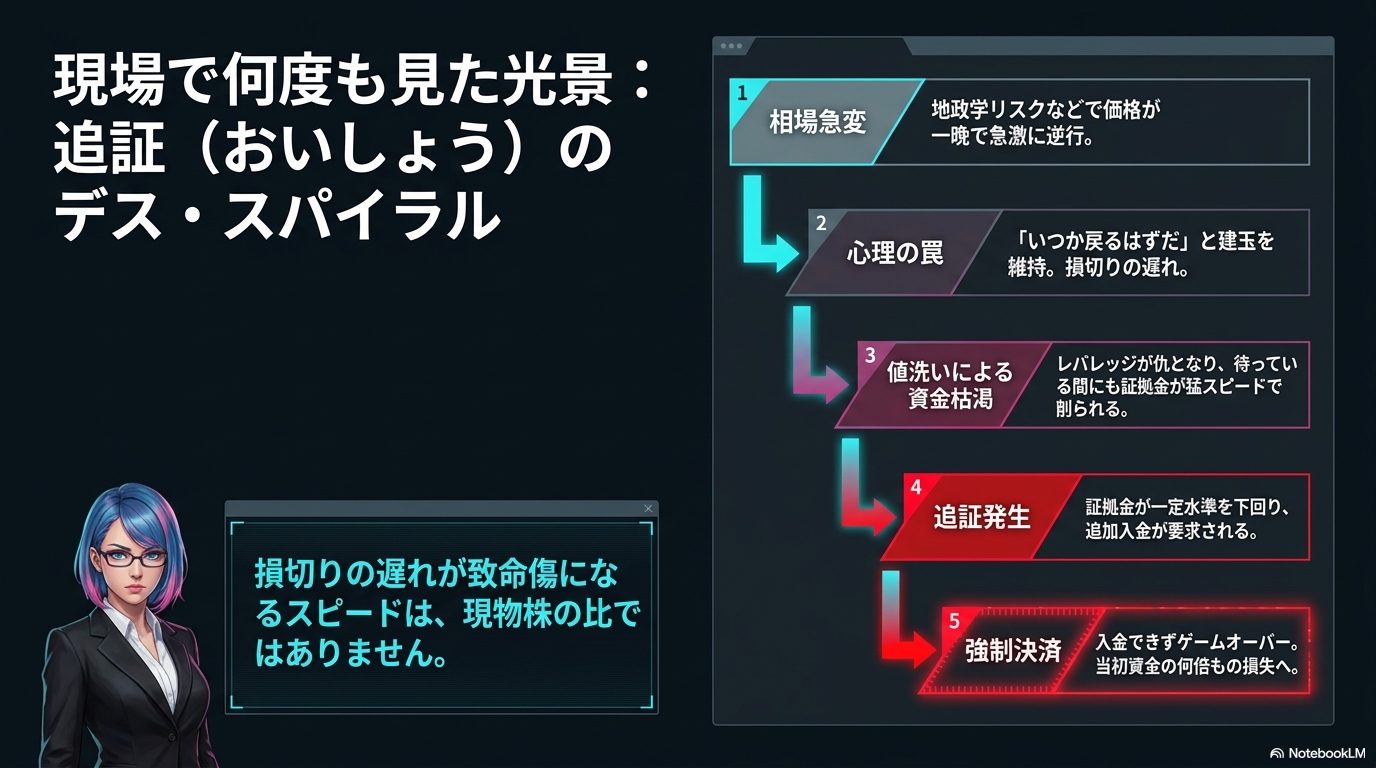 現場で何度も見た光景、追証のデス・スパイラル ― 相場急変 → 損切りの遅れ → 値洗いによる資金枯渇 → 追証発生 → 強制決済