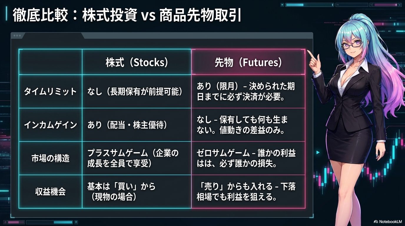 徹底比較、株式投資 vs 商品先物取引 ― タイムリミット・インカムゲイン・ゼロサム構造・売りから入れる点が根本的に違う