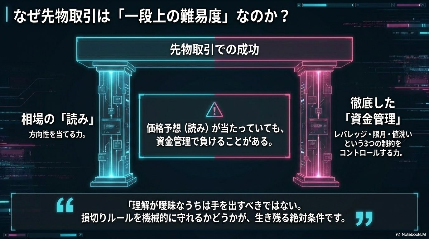 なぜ先物取引は「一段上の難易度」なのか ― 価格予想が当たっていても資金管理で負ける。損切りルールを機械的に守れるかが生き残る絶対条件