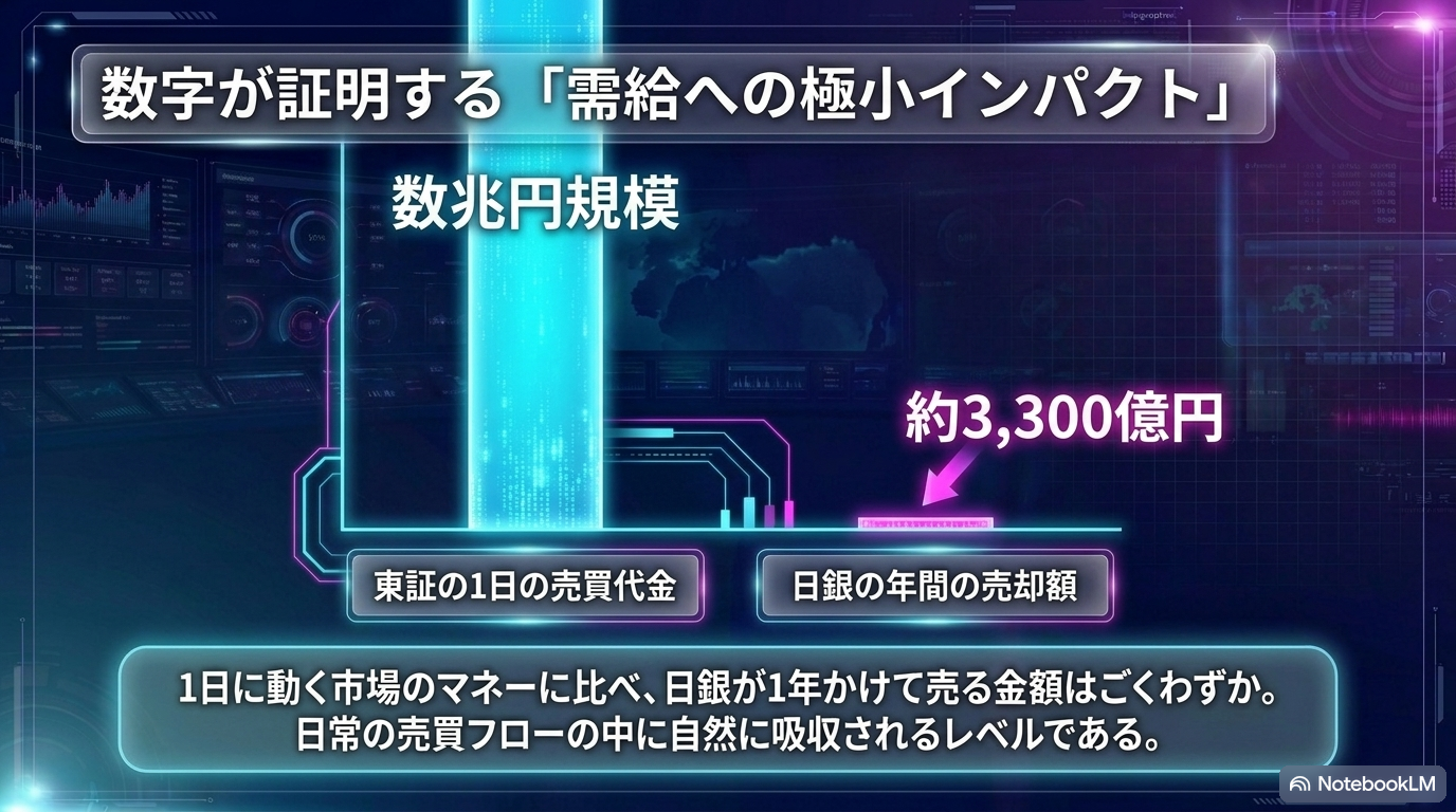 スライド⑨：数字が証明する「需給への極小インパクト」 ― 東証の1日の売買代金(数兆円) vs 日銀の年間売却額(約3,300億円)