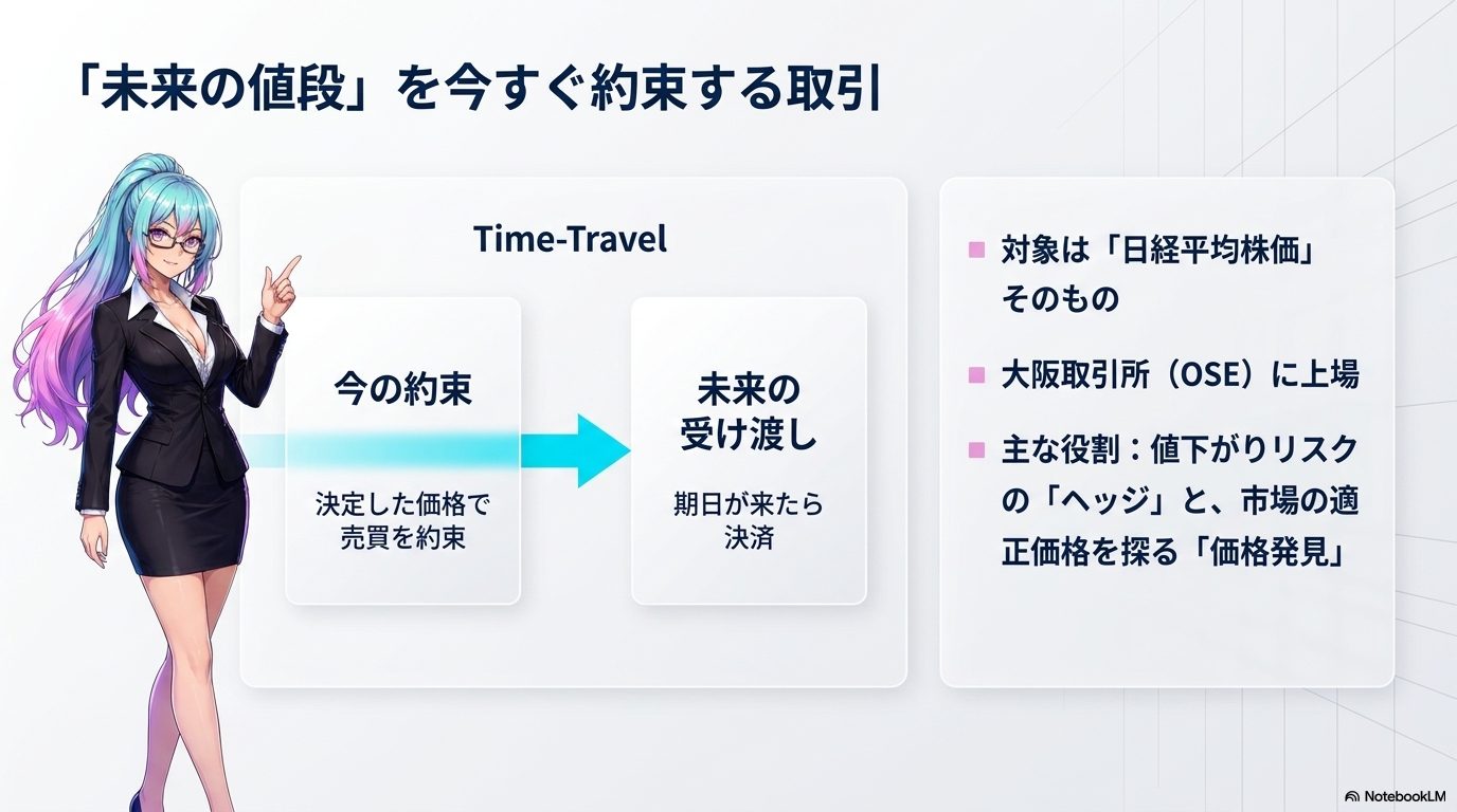 「未来の値段」を今すぐ約束する取引 ― 対象は日経平均そのもの。役割は値下がりリスクの「ヘッジ」と市場の「価格発見」