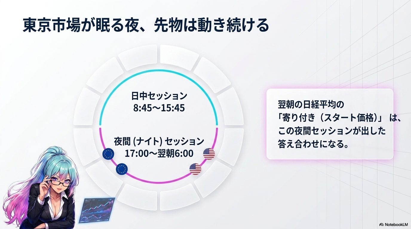 東京市場が眠る夜、先物は動き続ける ― 日中8:45〜15:45と夜間17:00〜翌朝6:00。翌朝の寄り付きは夜間セッションの答え合わせ