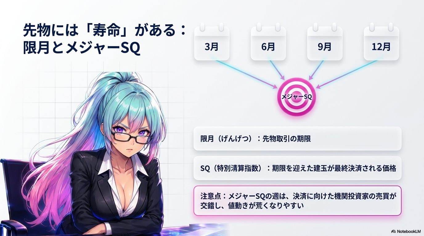 先物には「寿命」がある ― 限月とメジャーSQ（3・6・9・12月）。SQ週は決済に向けた売買で値動きが荒くなりやすい