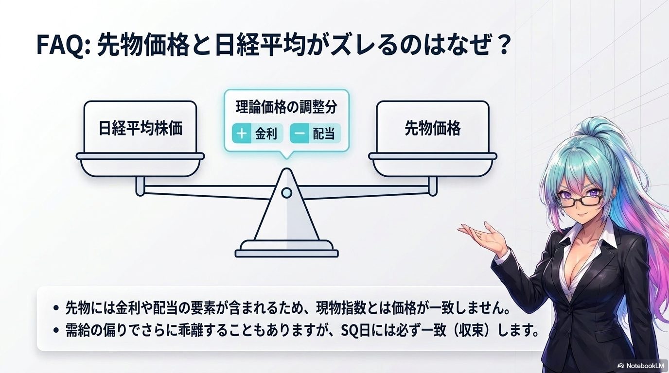 先物価格と日経平均がズレる理由 ― 金利と配当の理論価格調整分。SQ日には必ず一致（収束）する
