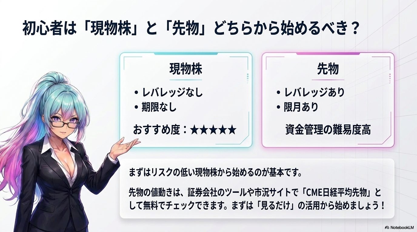 初心者は「現物株」と「先物」どちらから？ ― まずはリスクの低い現物株から。先物は「見るだけ」の活用で十分
