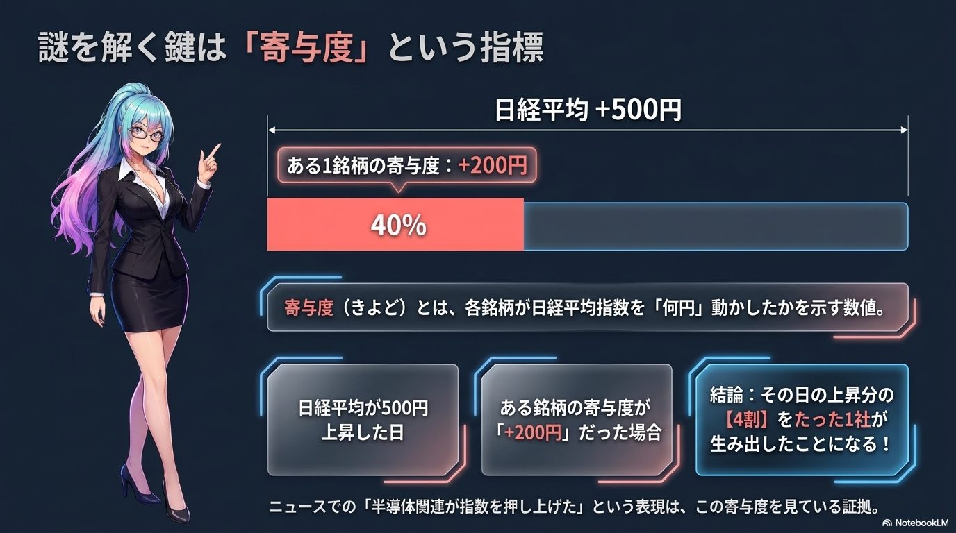 謎を解く鍵は「寄与度」― 各銘柄が日経平均を「何円」動かしたかを示す数値。500円高の4割をたった1社が生むこともある