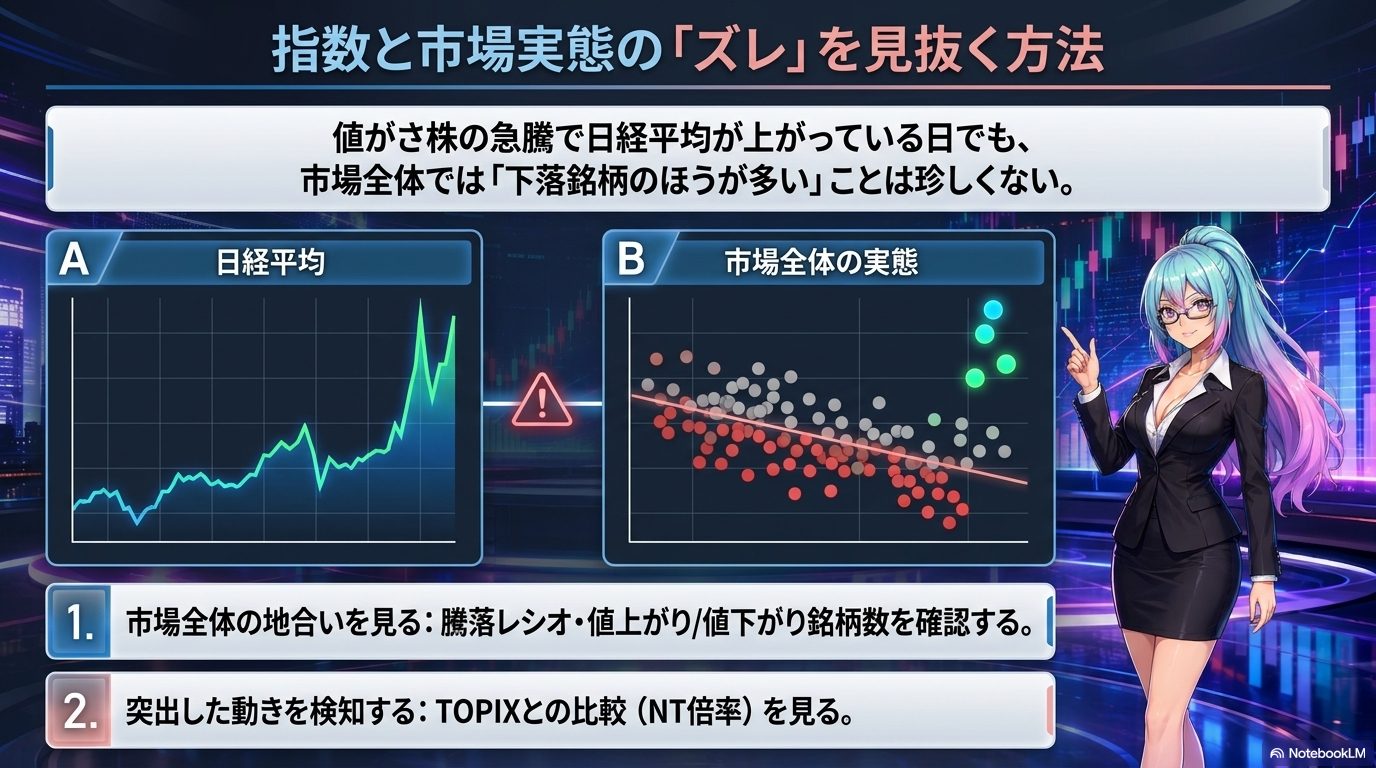 指数と市場実態の「ズレ」を見抜く方法 ― 騰落レシオ・値上がり/値下がり銘柄数と、TOPIXとの比較（NT倍率）で裏を取る