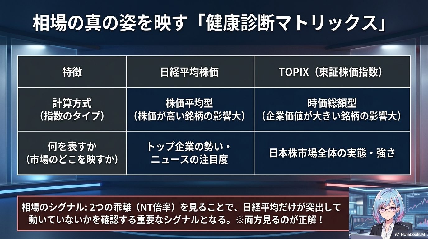 日経平均とTOPIXの「健康診断マトリックス」― 株価平均型と時価総額型。両方見るのが正解