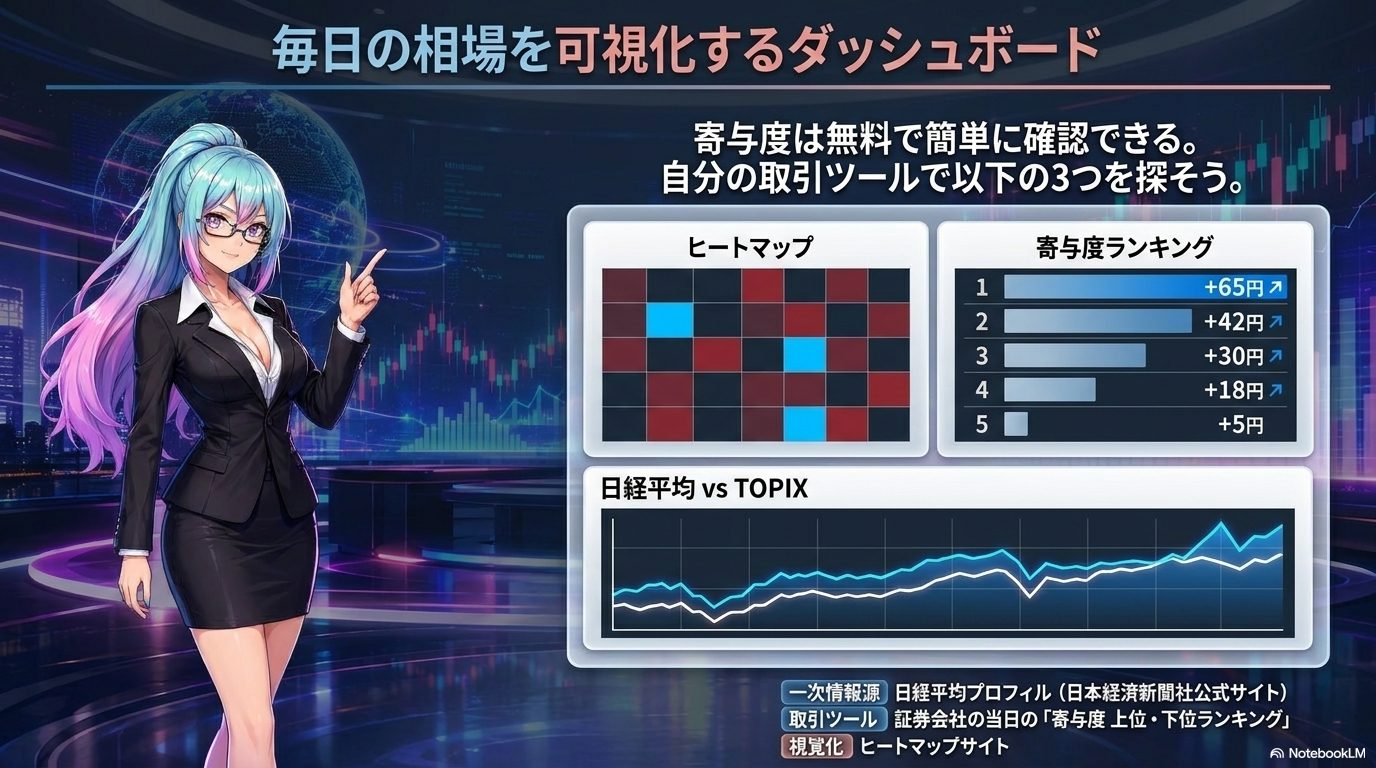 寄与度は無料で確認できる ― ヒートマップ・寄与度ランキング・日経平均vsTOPIXの3点をツールで探す