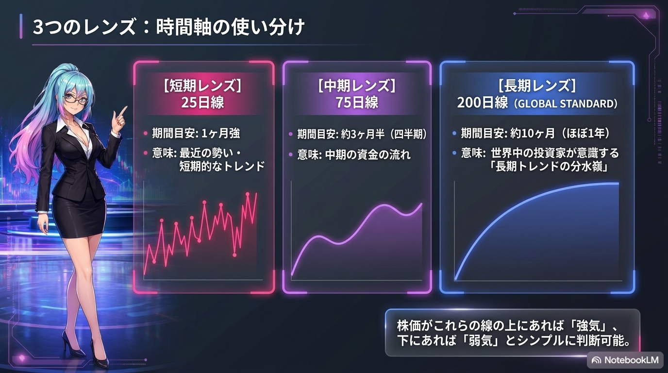 3つのレンズ ― 短期25日線・中期75日線・長期200日線(グローバルスタンダード)