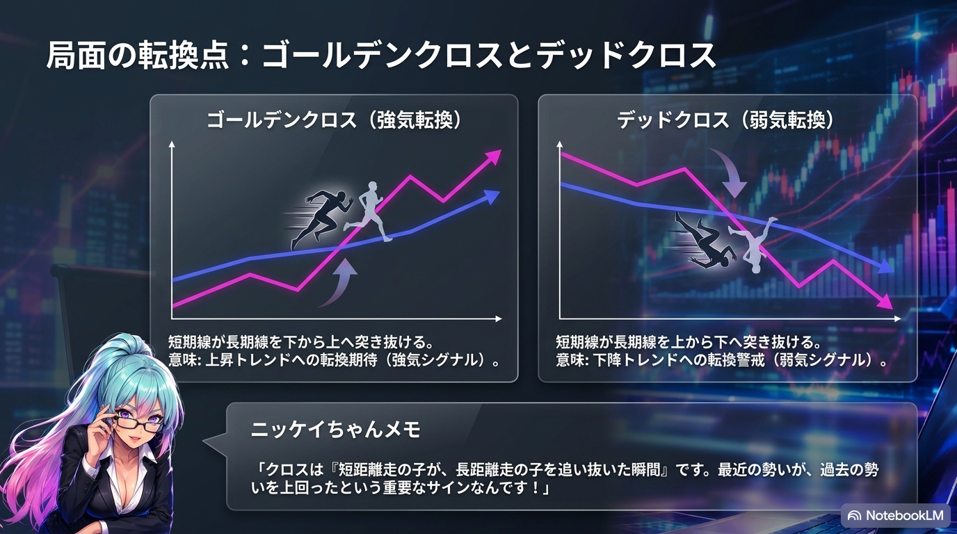 局面の転換点 ― ゴールデンクロス(強気転換)とデッドクロス(弱気転換)