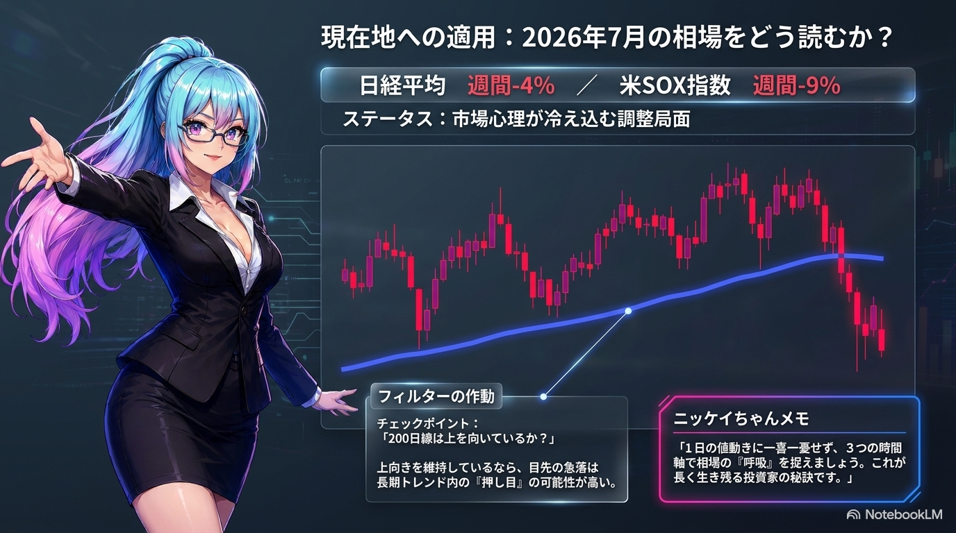 現在地への適用 ― 2026年7月の相場をどう読むか(日経平均週間-4%/米SOX週間-9%)