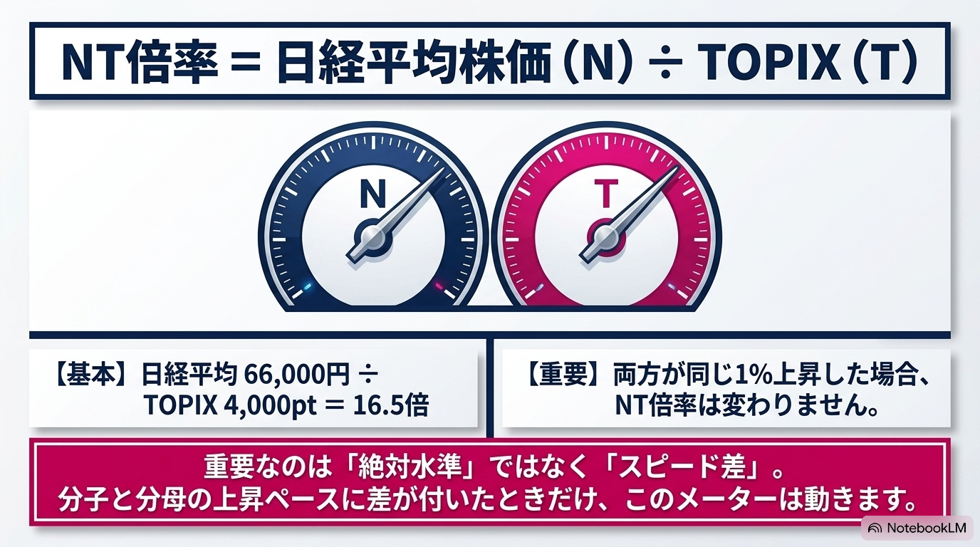 NT倍率の計算式 — 日経平均株価(N)÷TOPIX(T)。重要なのは絶対水準ではなくスピード差