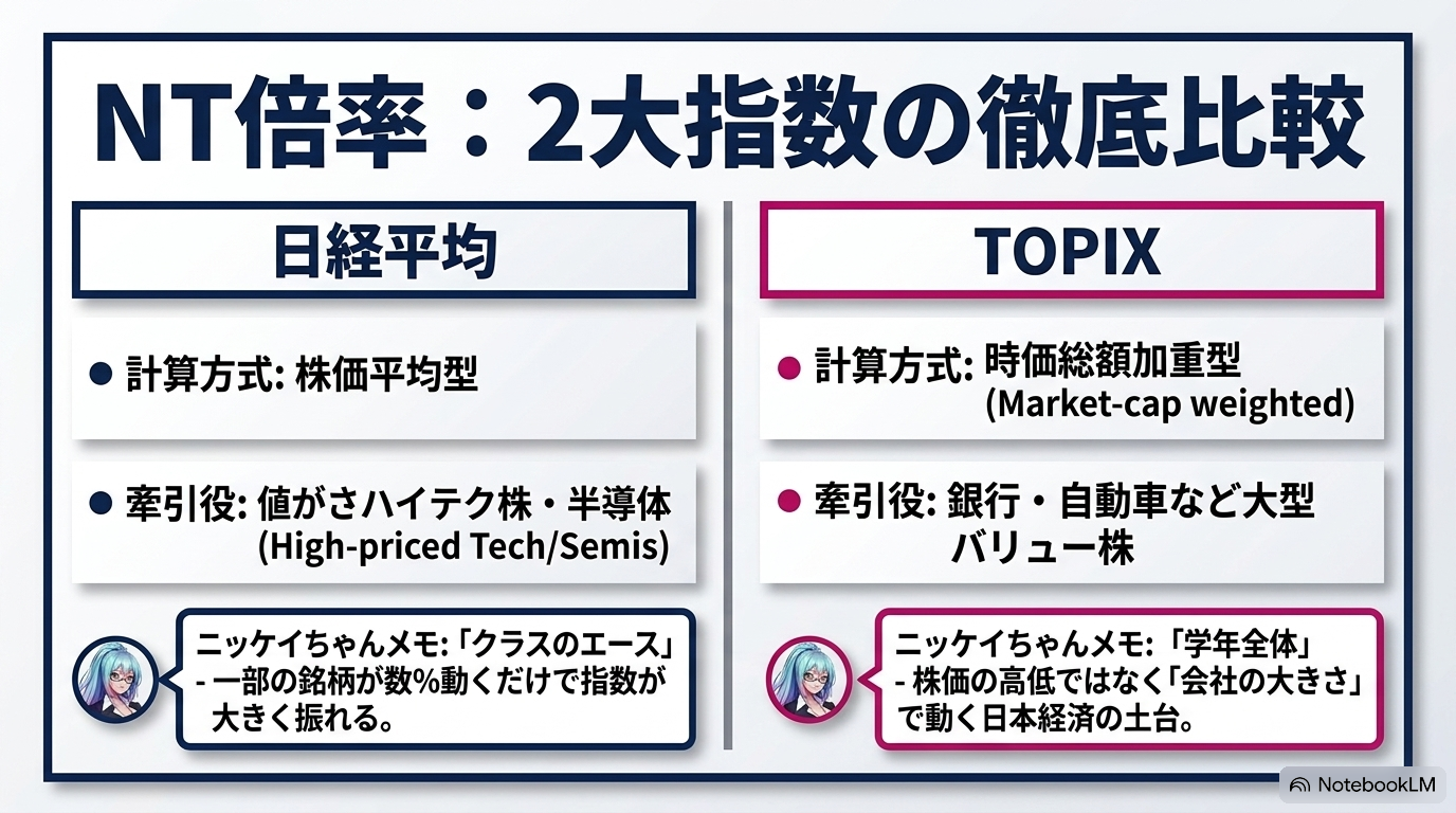 NT倍率で比べる2大指数の徹底比較 — 株価平均型の日経平均と時価総額加重型のTOPIX
