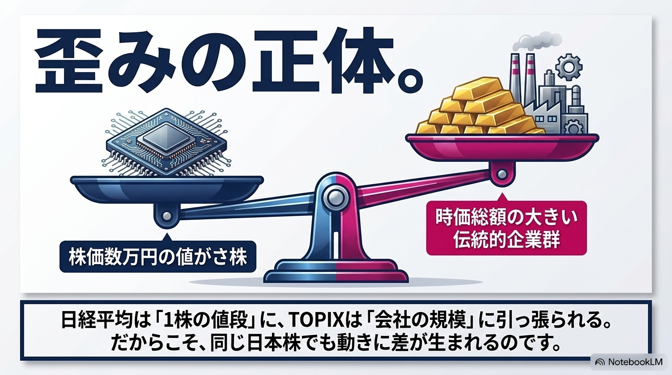 歪みの正体 — 日経平均は「1株の値段」に、TOPIXは「会社の規模」に引っ張られる