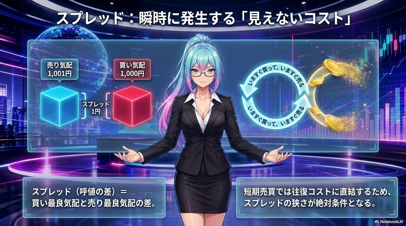 スプレッド ― 瞬時に発生する「見えないコスト」(売り気配1,001円・買い気配1,000円の例)