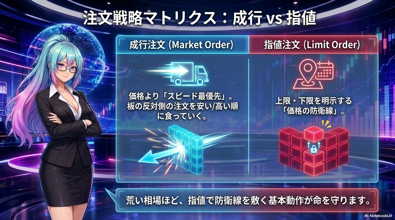 注文戦略マトリクス ― 成行注文 vs 指値注文