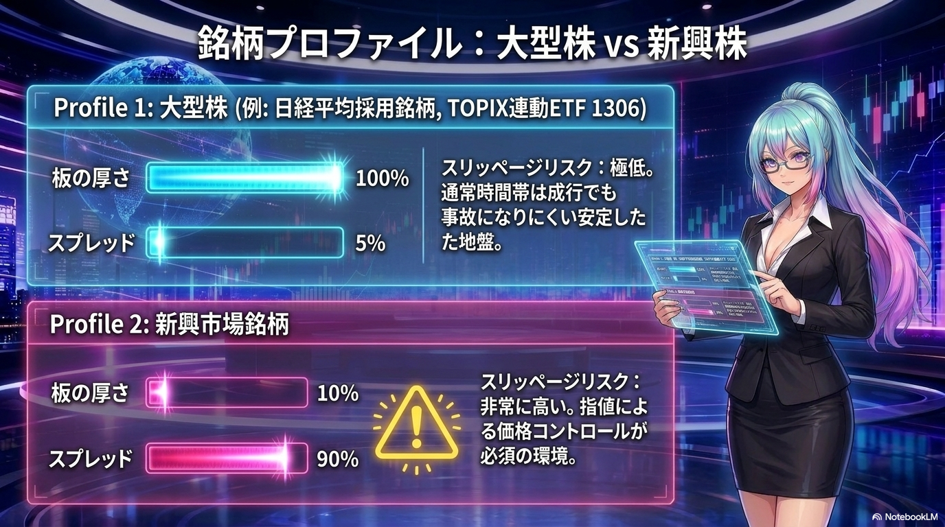 銘柄プロファイル ― 大型株 vs 新興株の板の厚さ・スプレッドの違い