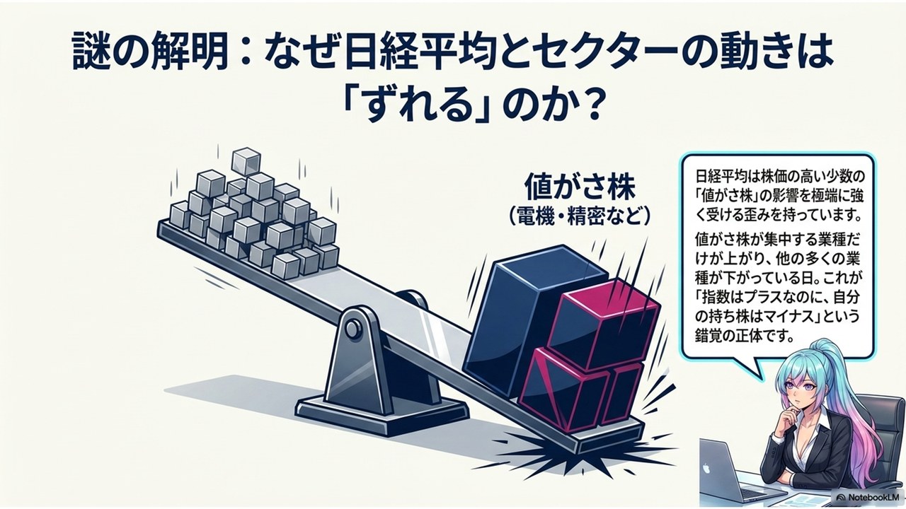 謎の解明: なぜ日経平均とセクターの動きは「ずれる」のか — 少数の値がさ株が指数を極端に動かす歪み